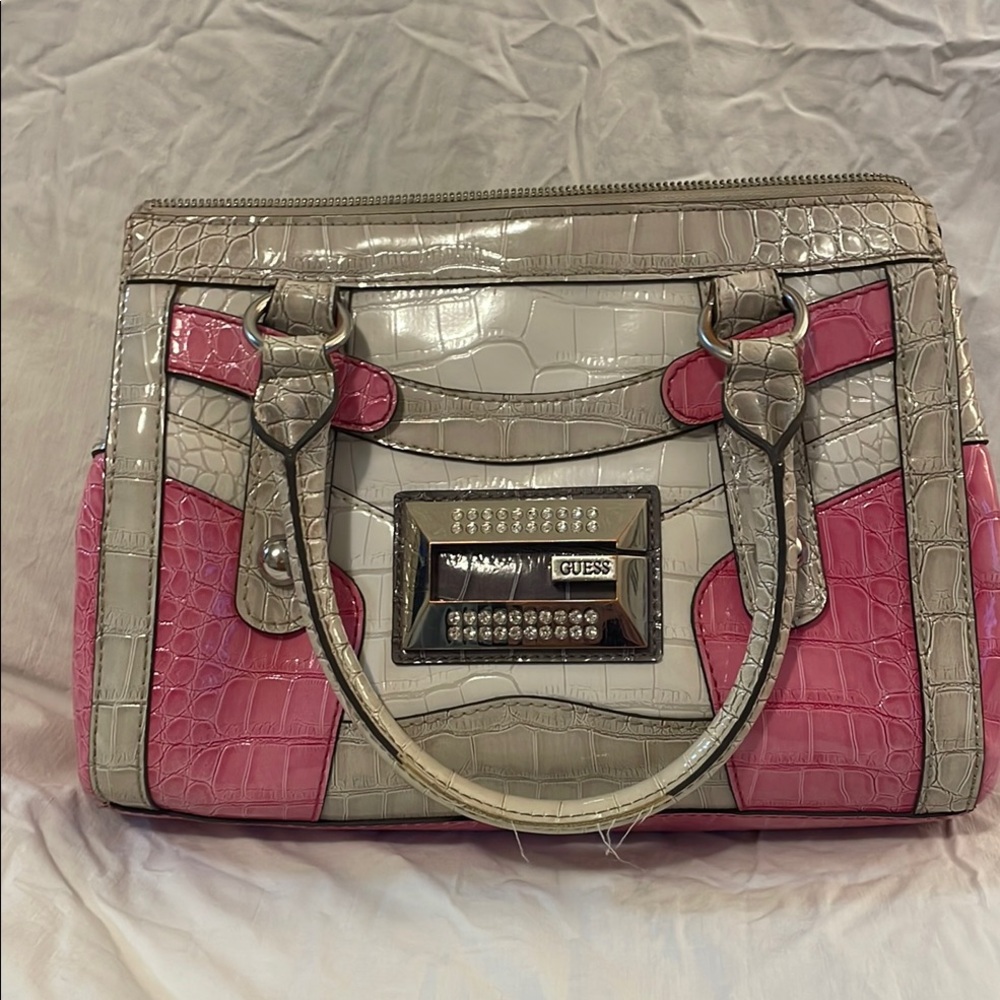 Guess Pink and Gray Satchel with Croc-Embossed Design